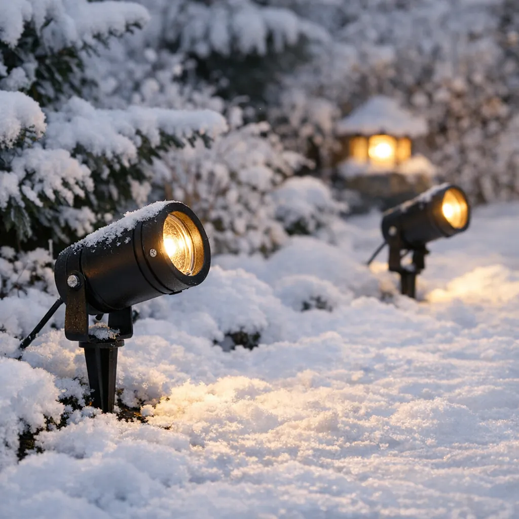 Erdspiessstrahler im Garten bei Schnee